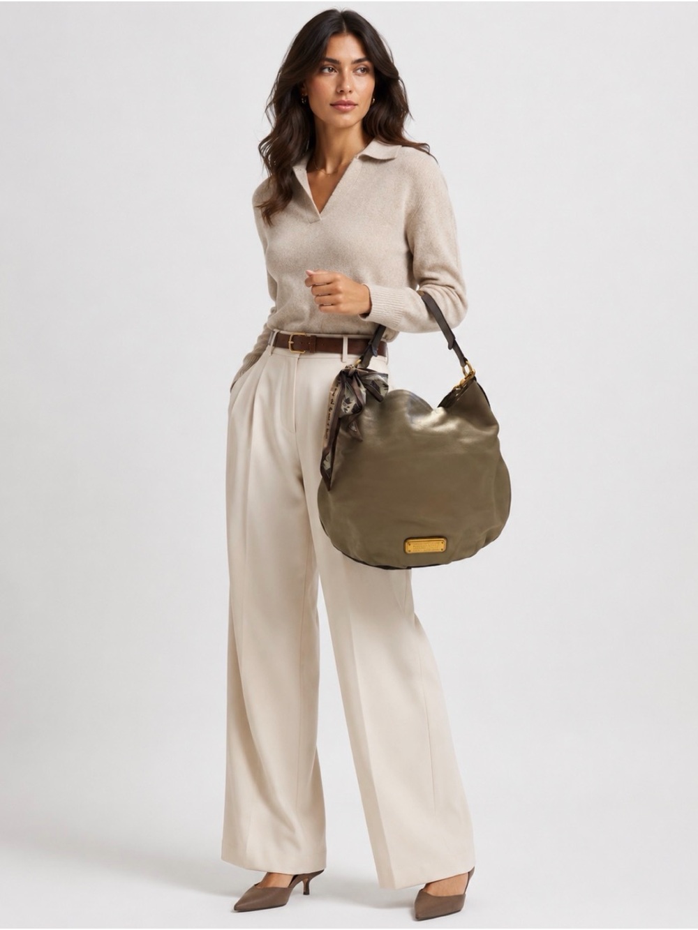 Marc by Marc Jacobs Tan Pebble Leather Hobo Shoulder Bag with Scarf Detail